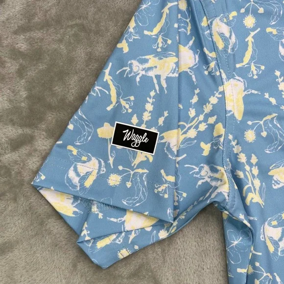 Waggle Buzzin Polo Shirt Men XL Blue Yellow Bee Floral Print Performance Stretch - Picture 4 of 9